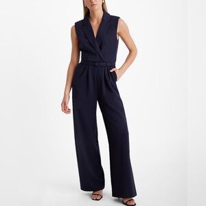 Express Sleeveless Padded Shoulder Belted Wide Leg Blazer Jumpsuit- Navy- NWT